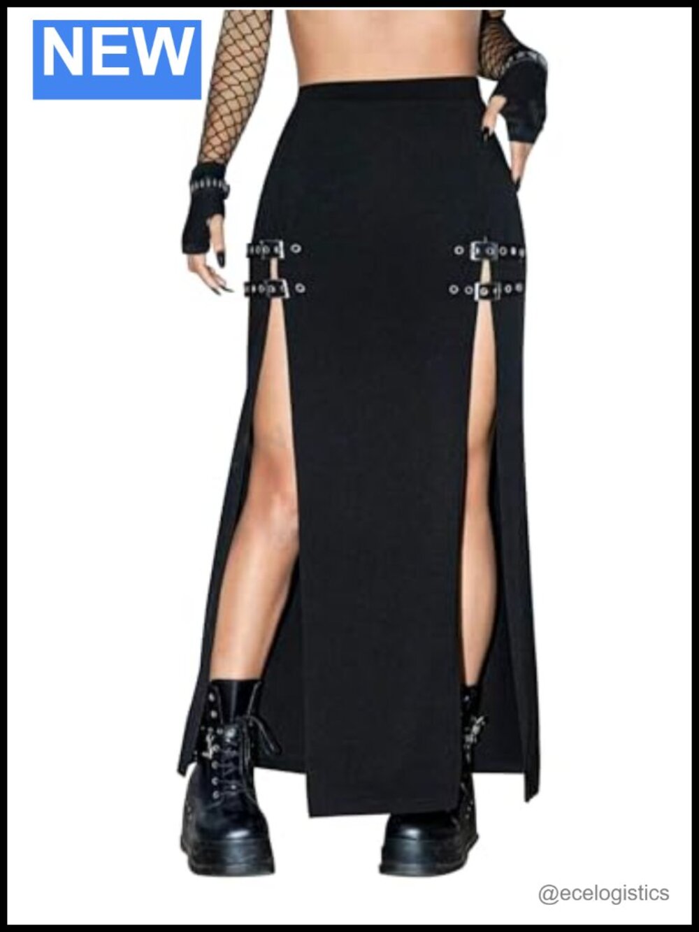 Goth Rave Maxi Skirt with Double Buckle Front and High Slits for Women